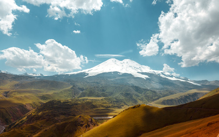Elbrus Mount And Green Hills At Summer Dayr. Elbrus Region, Northen Caucasus, Russiaの写真素材