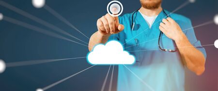 Concept of global medicine and healthcare. Medicine doctor hand working with modern computer interface as conceptの写真素材