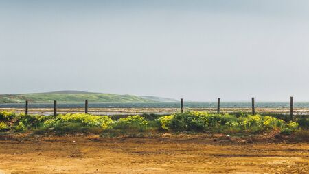 Endless fence of the countryside near hills and sea. Picturesque colorful landscape against mountains, sky and rural meadowの写真素材