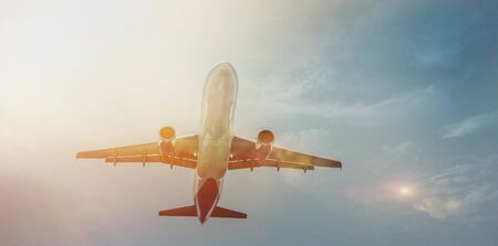 Travel And Tourism Concept.  Airplane flying through The Sky, Metaphor For Adventureの写真素材