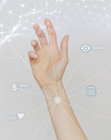 Human Chipping, Multipassport, Identification, Digitalization and Vaccination Concept. Hand With Implanted Chip Containing Information About Finances, Health, Personal ID And Social Ratingの写真素材