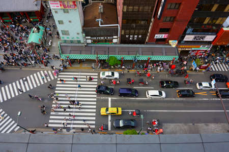 Tokyo / Japan - May 03 2019: Asakusa district aerial view. Crowd of tourists. View from parapetのeditorial素材