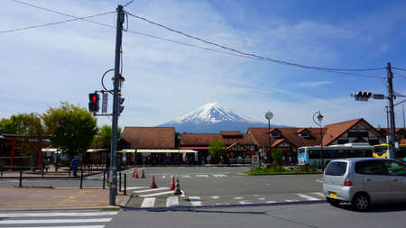 Fujikawaguchiko / Japan - May 03 2019: Railway station, bus and taxi stops. Mount Fuji in the backgroundのeditorial素材