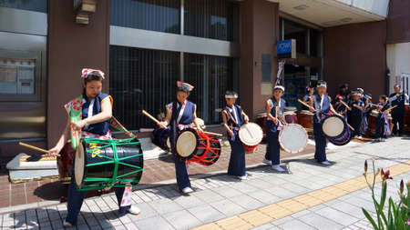 Ashikaga, Tochigi / Japan April 29, 2019: Taiko drummers. Street performance and the cityのeditorial素材