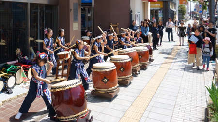 Ashikaga, Tochigi / Japan April 29, 2019: Taiko drummers. Street performance and the cityのeditorial素材