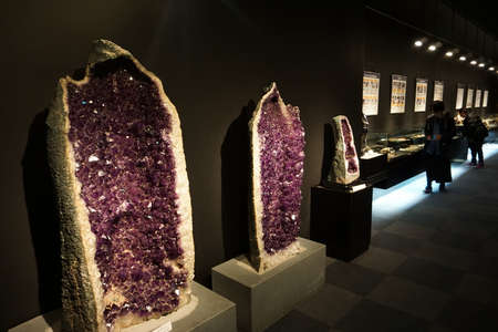 Fujikawaguchiko / Japan April 30, 2019: Yamanashi gem museum. Crystal clusters, amethyst domes. Rare...
