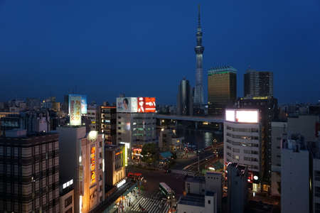 Tokyo / Japan - May 05 2019: Asakusa district aerial view. Cityscape of Asakusa with Tokyo Skytree at night. Crosswalkのeditorial素材
