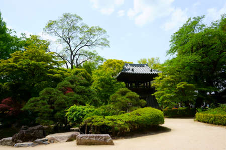Ashikaga, Tochigi / Japan April 29, 2019: Shoro bell tower. Walk in japanese garden. Bannaji Temple is the most famous Buddhist temple in Ashikaga Cityのeditorial素材