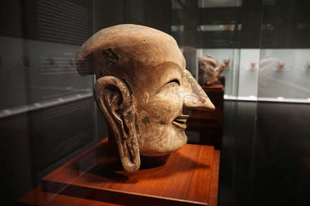 Tokyo / Japan - Sept 14 2018: Gallery of Tokyo national museum. Gigaku mask. Painted camphor wood....