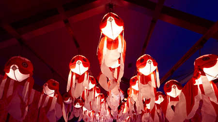 Tokyo / Japan - Sept 13 2018: Sumida Aquarium. Decorative paper Japanese lanterns goldfish carps on ceilingのeditorial素材