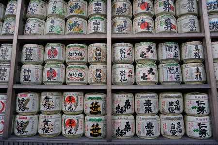 Kamakura / Japan - Sept 09, 2019: Barrels with sake were donated as a gift to Tsurugaoka Hachimangu shrineのeditorial素材