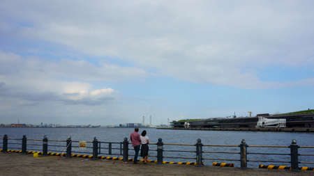 Kanagawa Prefecture Japan - Sept 12, 2019: Waterfront in Yokohama. Man and woman fishingのeditorial素材
