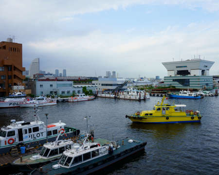 Kanagawa Prefecture Japan - Sept 12, 2019: Small boats on dock. Osanbashi Pier main international passenger pier at the Port of Yokohama, located in Naka Wardのeditorial素材