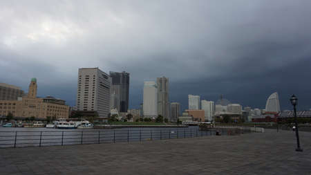 Kanagawa Prefecture Japan - Sept 12, 2019: View of Minato Mirai district in Yokohama before the storm. Gray dayのeditorial素材