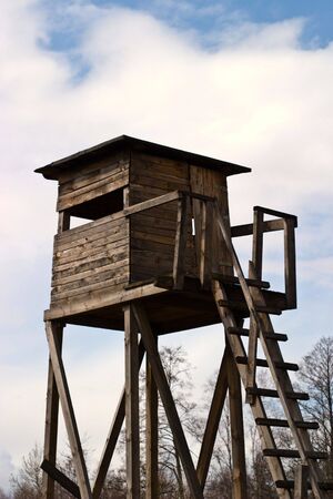 wooden structure standing near the forest on a sunny afternoonの写真素材