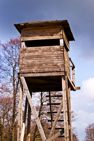 wooden structure standing near the forest on a sunny afternoonの写真素材