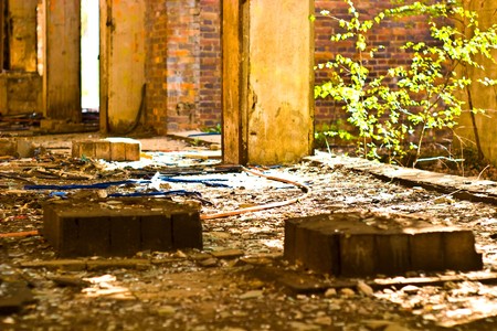 Wide angle view of an old wall abandoned factory building
