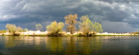 A rural small lake and a green forestの写真素材