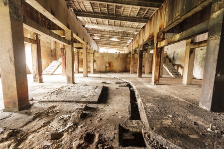 wide angle view of an old wall abandoned factory buildingのeditorial素材