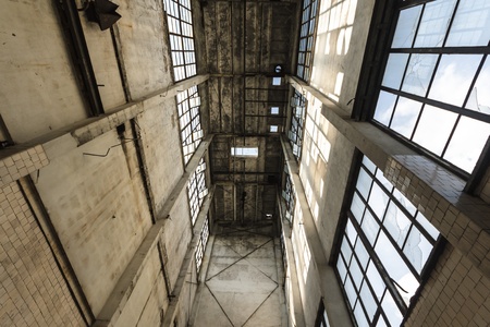 wide angle view of an old wall abandoned factory building
