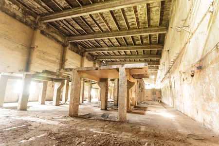 wide angle view of an old wall abandoned factory buildingのeditorial素材