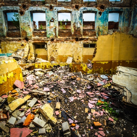 wide angle view of an old wall abandoned factory buildingのeditorial素材
