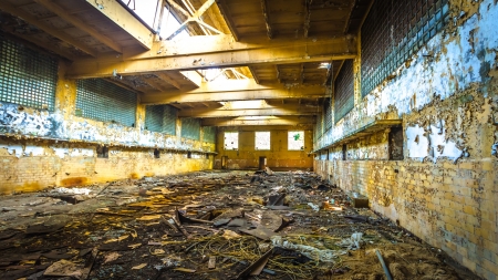 Discarded ruin with old windows and wall, industrial window in concrete wallのeditorial素材
