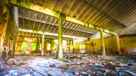 ruins of a very heavily polluted industrial factory, place was known as one of the most polluted towns in Europeの写真素材