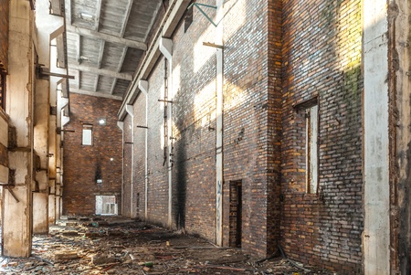 wide angle view of an old wall abandoned factory buildingの写真素材