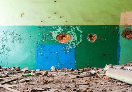 wide angle view of an old wall abandoned factory buildingの写真素材