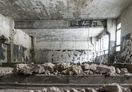 wide angle view of an old wall abandoned factory buildingの写真素材