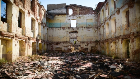 ruins of a very heavily polluted industrial factory, place was known as one of the most polluted towns in Europeの写真素材