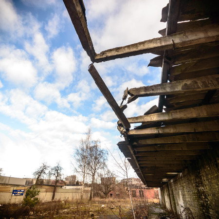 wide angle view of an old wall abandoned factory building