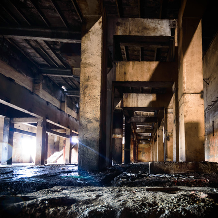wide angle view of an old wall abandoned factory buildingの写真素材