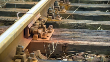 view of the railway track connections on a sunny dayの写真素材