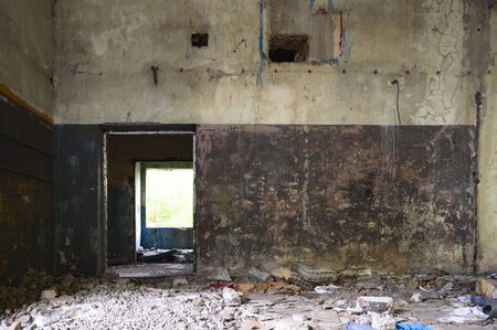 wide angle view of an old wall abandoned factory buildingの写真素材