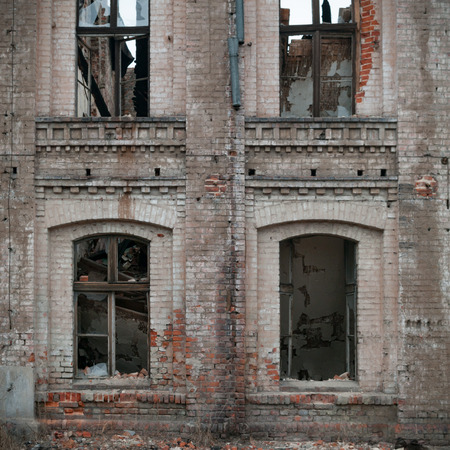 discarded ruin with old windows and wall, industrial window in concrete wallの写真素材