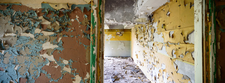wide angle view of an old wall abandoned factory building