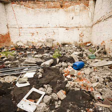 wide angle view of an old wall abandoned factory buildingの写真素材