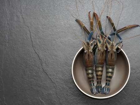 Three shrimp in the brown bowl with dark backgroundの写真素材