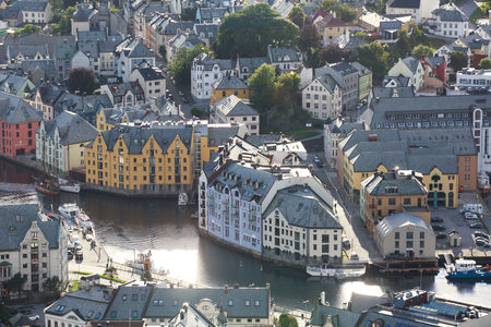 Beautiful super wide-angle summer aerial view of Alesund, Norway, with skyline and scenery beyond the city, seen from the observation deck of Aksla mountainのeditorial素材