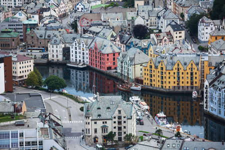 Beautiful super wide-angle summer aerial view of Alesund, Norway, with skyline and scenery beyond the city, seen from the observation deck of Aksla mountainのeditorial素材