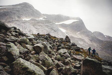 Norwegian mountain landscape during hiking to Halls Fortopp peak, with a view on Stetind, Northern...