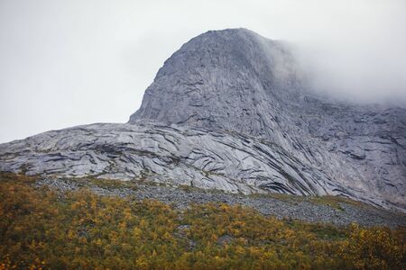 Norwegian mountain landscape during hiking to Halls Fortopp peak, with a view on Stetind, Northern Norway, Nordland county, municipality of Tysfjord, Ofoten, with fjord and lakeの写真素材