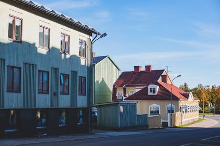 Summer sunny view of Kiruna streets, the northernmost town in Sweden, province of Lapland, Norrbotten Countyの写真素材