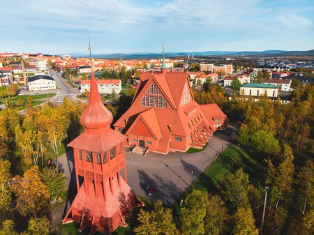 Aerial summer sunny view of Kiruna, the northernmost town in Sweden, province of Lapland, Norrbotten County, picture shot from droneの写真素材