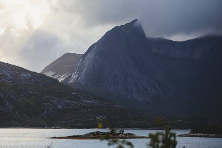 Classic Norwegian cold panoramic landscape of Efjorden fjord, Ballangen municipality, Nordland county, Ofoten district, Norway with Efjord Bridges, Stortinden mountain, Northern Norwayの写真素材