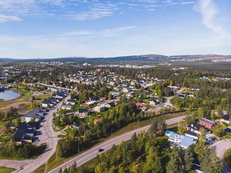 Aerial summer sunny view of Gallivare town, a locality and the seat of Gallivare Municipality in Norrbotten County, province of Lapland, Swedenの写真素材