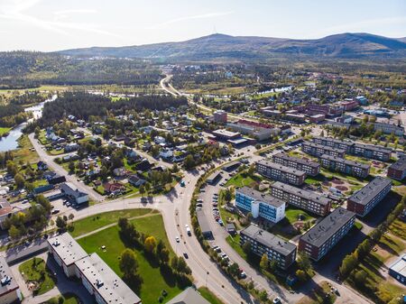 Aerial summer sunny view of Gallivare town, a locality and the seat of Gallivare Municipality in Norrbotten County, province of Lapland, Swedenの写真素材