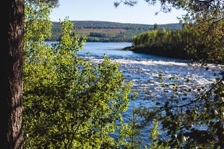 View of Kalix river, Kalixalven, Overkalix locality and the seat in Norrbotten county, Sweden, with forest in sunny summer day, aerial drone viewの写真素材